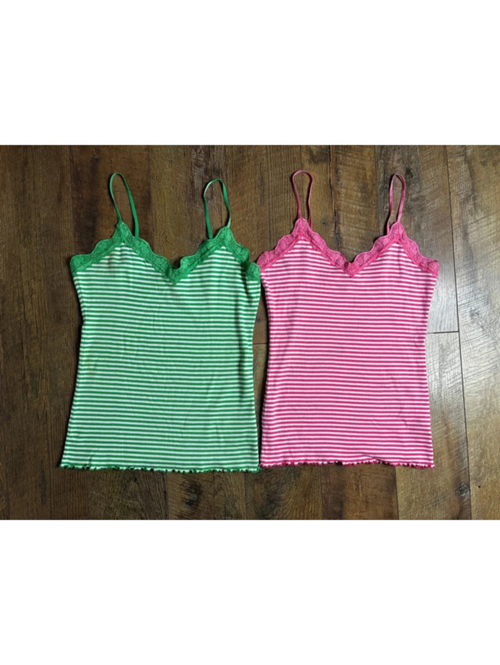 Tommy Hilfiger Bundle 2 Cami Tank Tops Pink Green Striped Lace Trim Y2K Size L